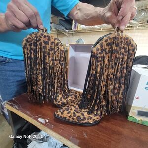 Leopard Print Fringe Women's Boots Does Have Scratch On One Heal As Pictured